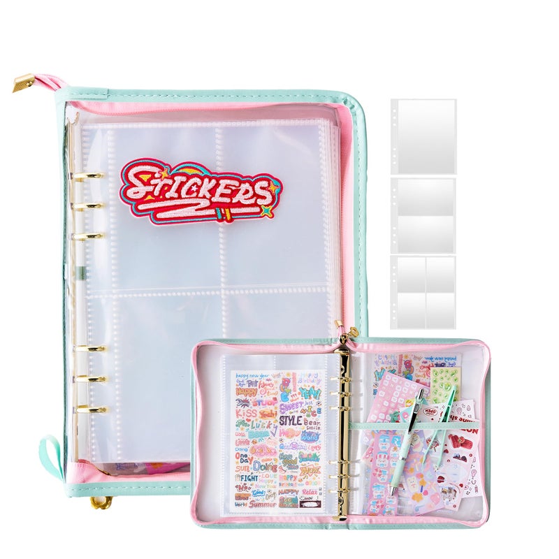 MANWU A5 Sticker Collection Organizer Binder kit large capacity (65 sheet), PU leather clear sticker storage book album with zipper closure,double-sided Collecting for journal scrapbook planner (Green) - Image 1