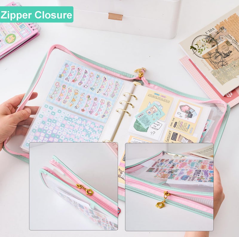 MANWU A5 Sticker Collection Organizer Binder kit large capacity (65 sheet), PU leather clear sticker storage book album with zipper closure,double-sided Collecting for journal scrapbook planner (Green) - Image 4
