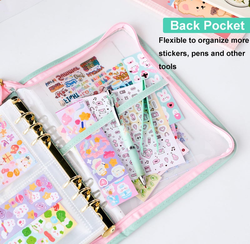 MANWU A5 Sticker Collection Organizer Binder kit large capacity (65 sheet), PU leather clear sticker storage book album with zipper closure,double-sided Collecting for journal scrapbook planner (Green) - Image 5