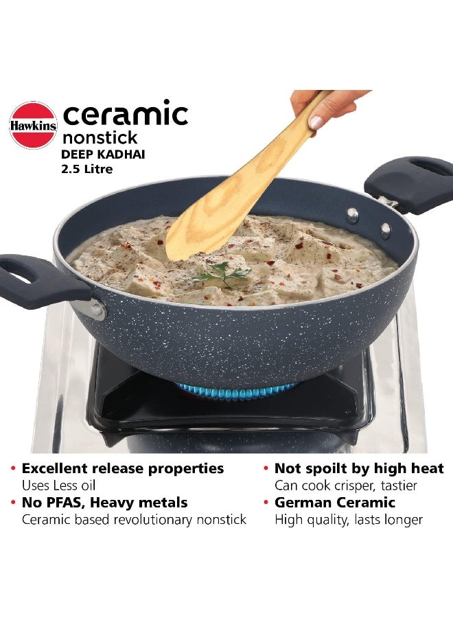 Hawkins 2.5 Liters Ceramic Nonstick Deep Kadhai/Frying Pan With Glass Lid,Induction Compatible,Grey - Image 4