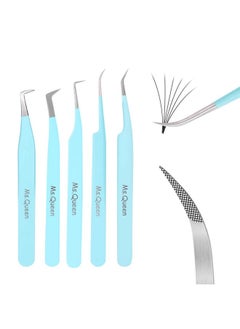 Ms.Queen Ms.Queen Lash Tweezers for Eyelash Extensions,Professional 5Pcs Fiber Tip Curved Isolation 45 90 Degree Boot Volume Lash Tweezers for Extensions, Blue  - Image 1