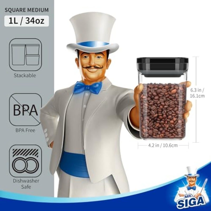 مجموعة حاويات تخزين الطعام الهواء الضيقة من MR.SIGA (4 قطع) لتنظيم المخزن، بأغطية مانعة للتسرب بيد واحدة، خالية من مادة BPA، قابلة للتكديس وتوفير للمساحة، بسعة 1.0 لتر (33.8 أونصة)، متوسطة اللون أسود - Image 3