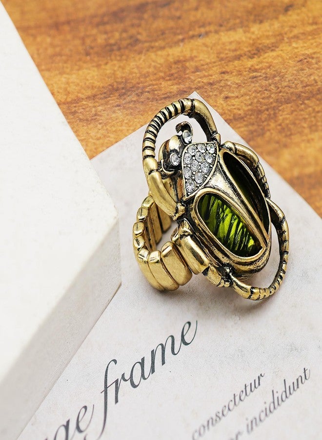 RechicGu Egyptian Scarab Beetle Ring Vintage Golden Color Costume Jewelry with Crystal Green Rhinestone,Funky Stretch Rings for Women,Art Deco Moth Ring,Cleopatra Costume Accessory - Image 3