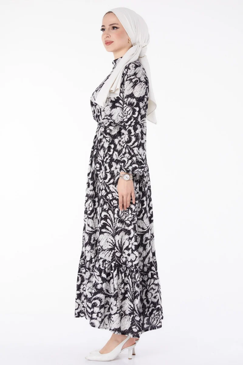 Tofisa Plain Judge Collar Women's White Belted Patterned Dress - 25499