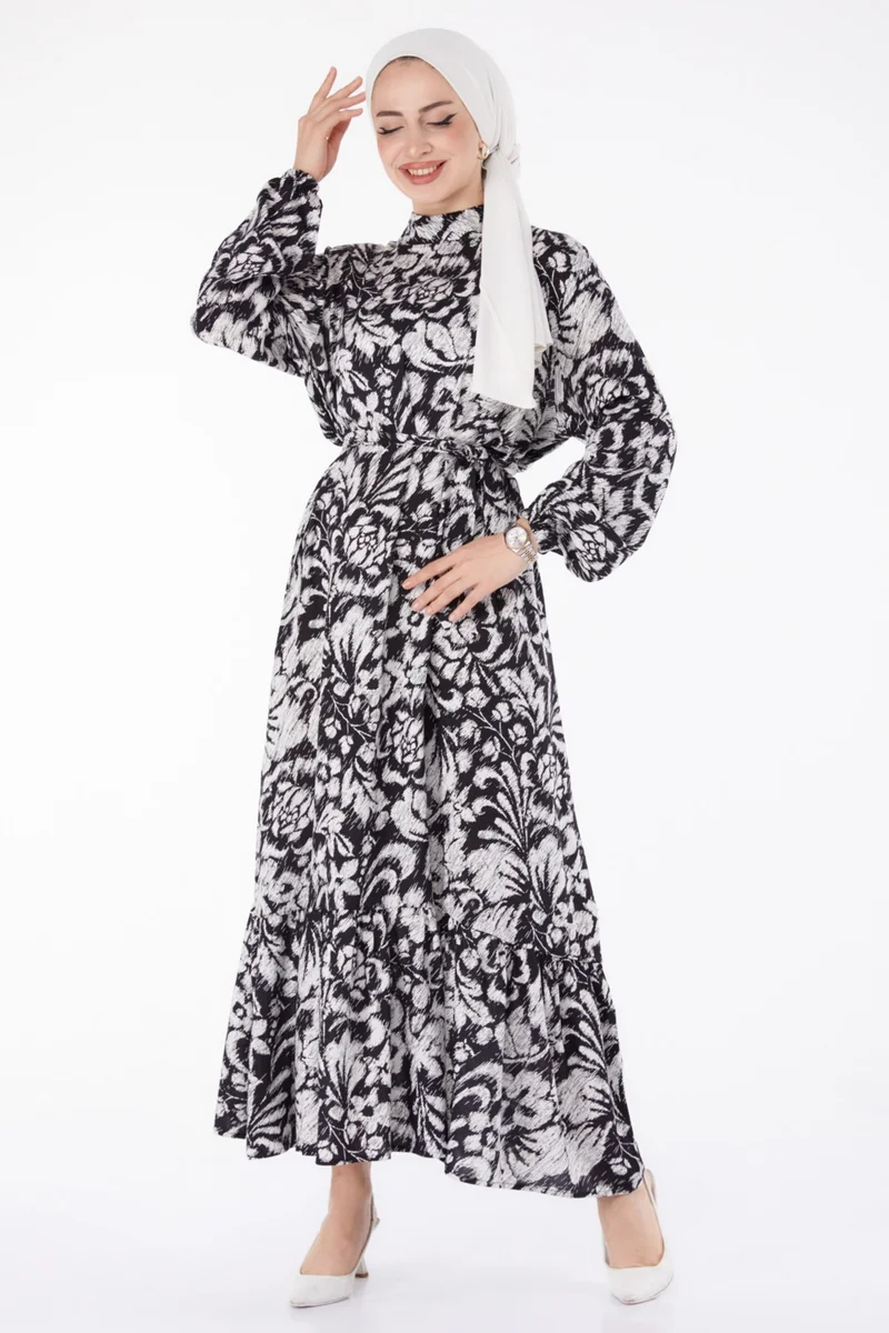 Tofisa Plain Judge Collar Women's White Belted Patterned Dress - 25499