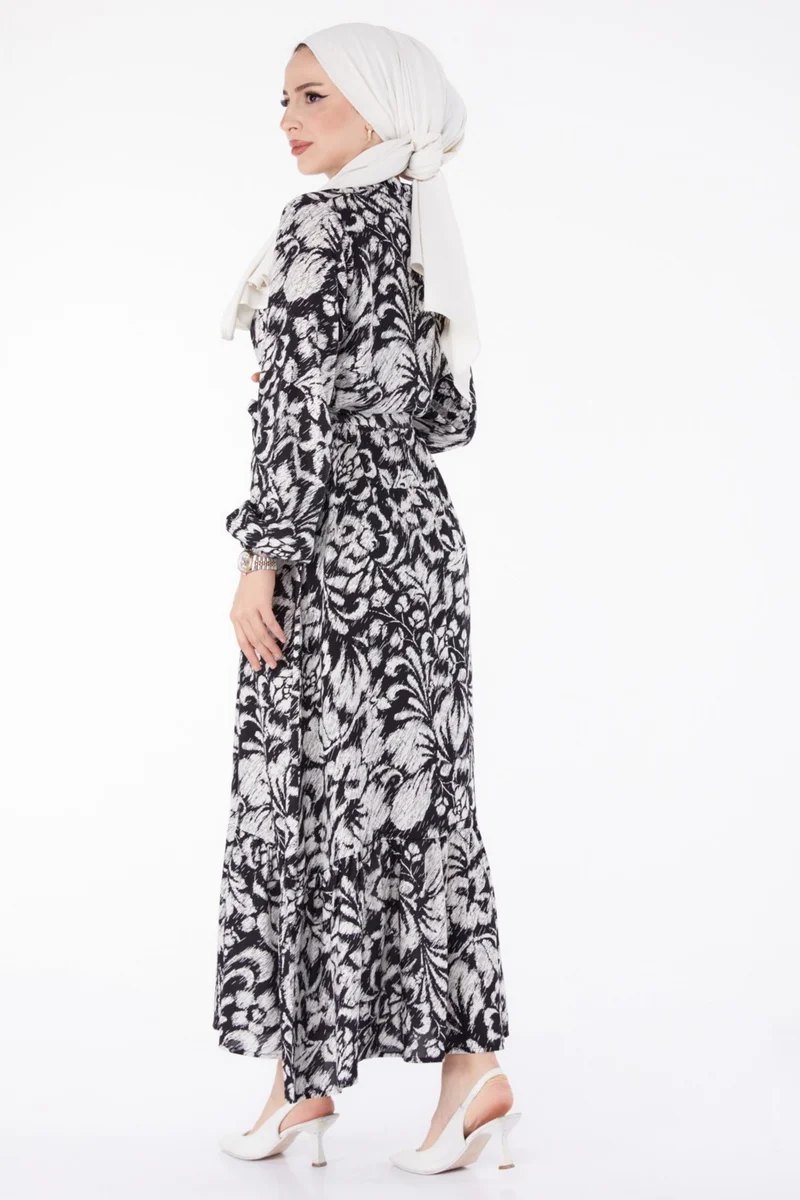 Tofisa Plain Judge Collar Women's White Belted Patterned Dress - 25499