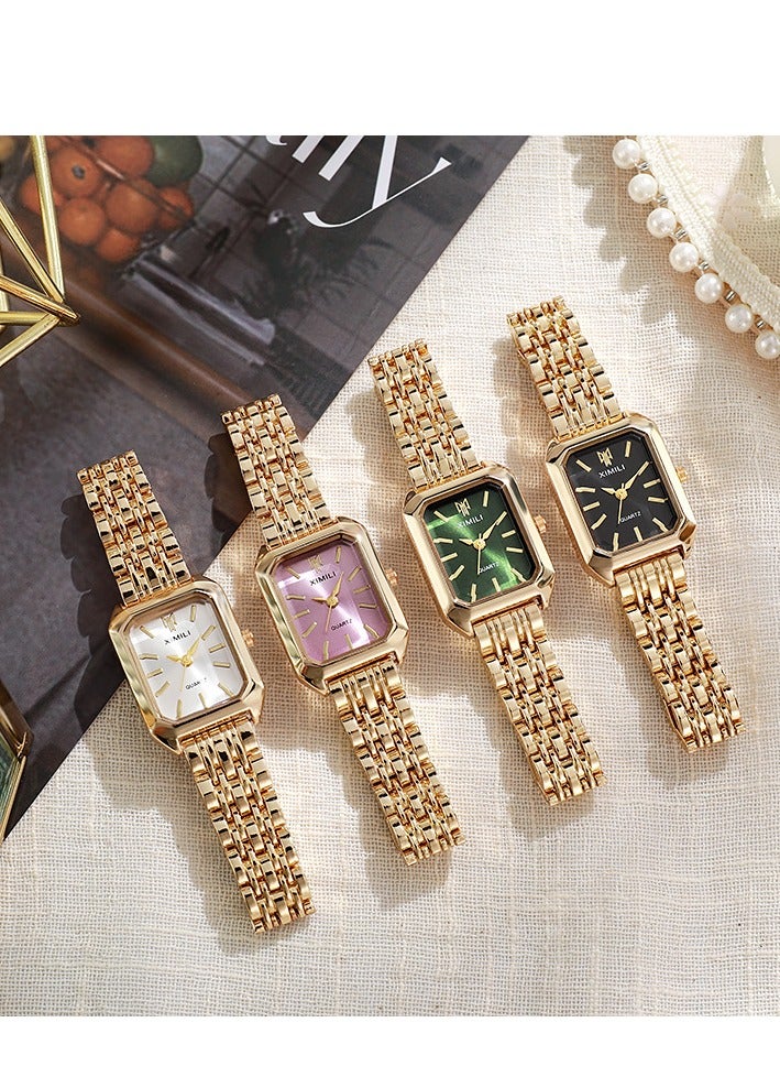 4 قطع ساعة يد نسائية خفيفة الوزن فاخرة بسوار فولاذي ساعة كوارتز مربعة بسيطة أنيقة للطالبات