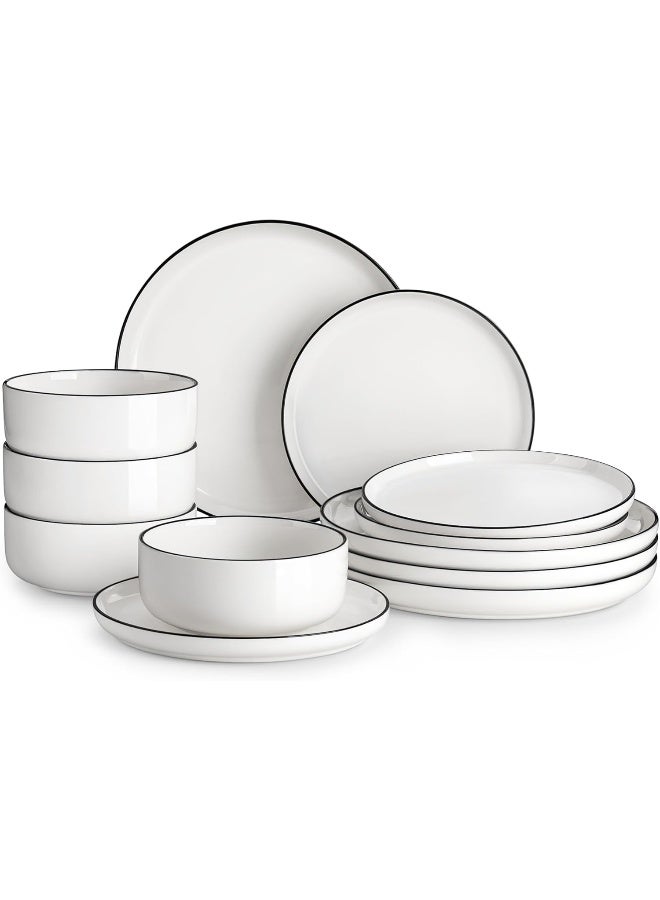 MALACASA Plates and Bowls Sets 12 Pieces Modern Porcelain Dinnerware Set for 4 White Kitchen Dinner Dining Ware Set with Black Rim Ceramic Dishware Dishes Microwave and Dishwasher Safe Series LUNA - Image 1