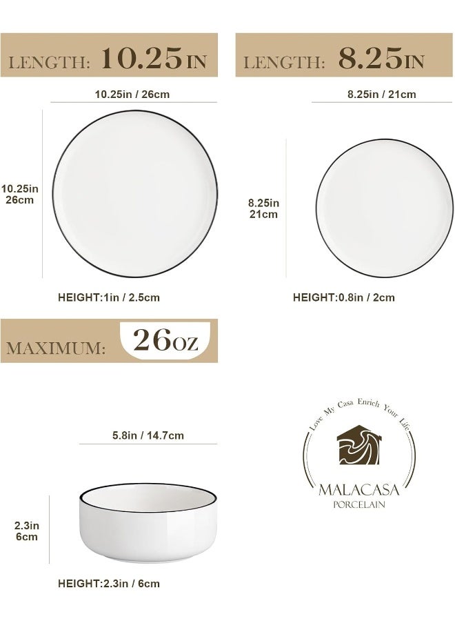 MALACASA Plates and Bowls Sets 12 Pieces Modern Porcelain Dinnerware Set for 4 White Kitchen Dinner Dining Ware Set with Black Rim Ceramic Dishware Dishes Microwave and Dishwasher Safe Series LUNA - Image 2