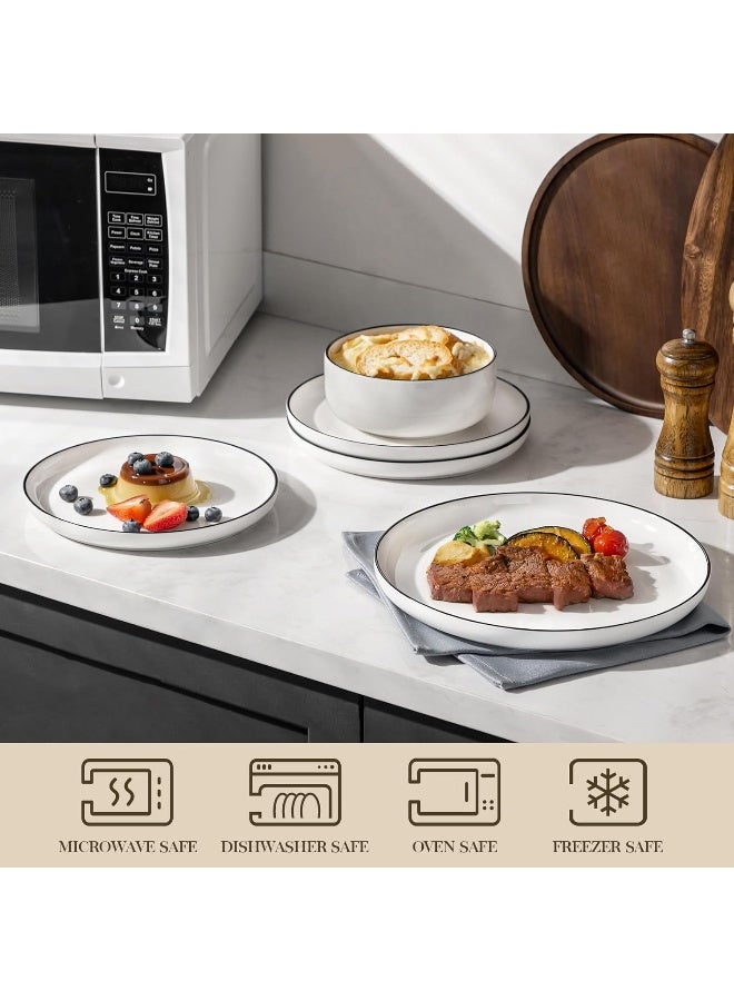 MALACASA Plates and Bowls Sets 12 Pieces Modern Porcelain Dinnerware Set for 4 White Kitchen Dinner Dining Ware Set with Black Rim Ceramic Dishware Dishes Microwave and Dishwasher Safe Series LUNA - Image 4