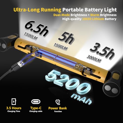 MechaniLite Under Hood Work Light Bar, 3000LM LED Magnetic Light Bar with Hooks, 5200mAh Cordless Rechargeable Hood Light for Mechanic/Car Repairing/Garage-Yellow - Image 3