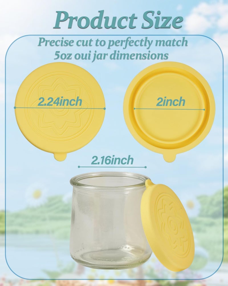 TERESRY 12 Pack Silicone Oui Yogurt Jar Lids with 8 Labels, Food-Grade Lids for 5Oz Oui Yogurt Jars, Reusable Silicone Canning Covers Perfect for Oui Yogurt Bottle, Yellow(Jar not Includ) - Image 2