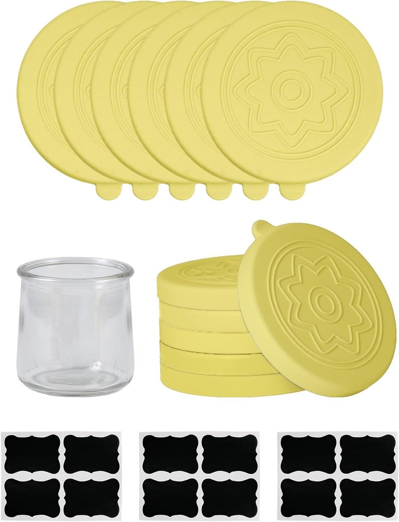 TERESRY 12 Pack Silicone Oui Yogurt Jar Lids with 8 Labels, Food-Grade Lids for 5Oz Oui Yogurt Jars, Reusable Silicone Canning Covers Perfect for Oui Yogurt Bottle, Yellow(Jar not Includ) - Image 1