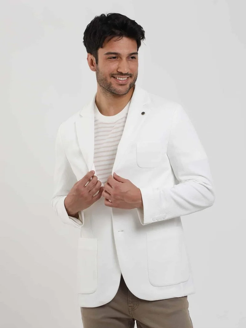 دوفي Ecru Men's Slim Fit Plain Mono Collar Casual Jacket 104444