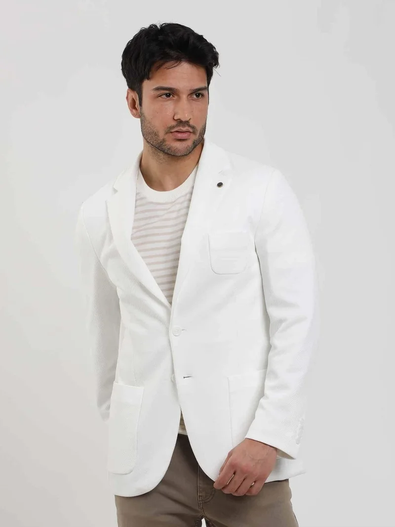 دوفي Ecru Men's Slim Fit Plain Mono Collar Casual Jacket 104444