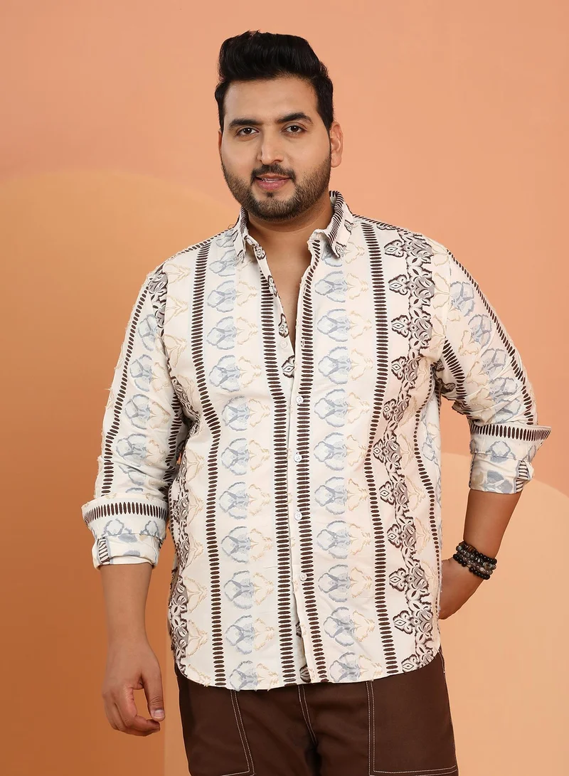 Instafab Plus Instafab Plus Men's Off-White Woven Bloom-Panel Shirt For Casual Wear | Spread Collar | Long Cuffed Sleeves | Button Closure | Plus Size Shirt Crafted With Comfort Fit For Everyday Wear