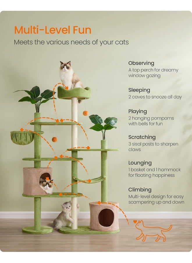 Feandrea Cat Tree, 68.1-Inch Tall Cat Tower, Multi-Level Plush Cat Condo with Artificial Leaves, 3 Scratching Posts, 2 Pompoms with Bells, for Indoor Cats Green - Image 4