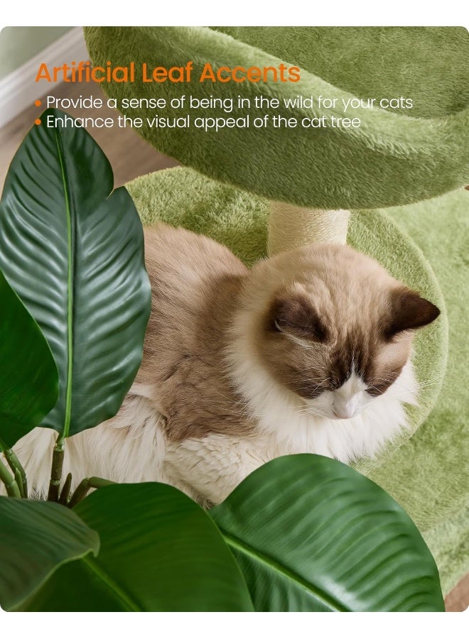 Feandrea Cat Tree, 68.1-Inch Tall Cat Tower, Multi-Level Plush Cat Condo with Artificial Leaves, 3 Scratching Posts, 2 Pompoms with Bells, for Indoor Cats Green - Image 3