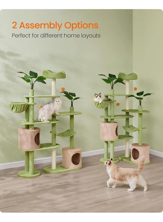 Feandrea Cat Tree, 68.1-Inch Tall Cat Tower, Multi-Level Plush Cat Condo with Artificial Leaves, 3 Scratching Posts, 2 Pompoms with Bells, for Indoor Cats Green - Image 5