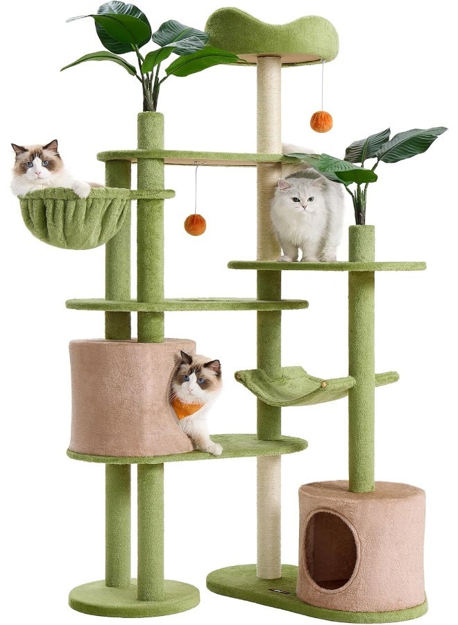 Feandrea Cat Tree, 68.1-Inch Tall Cat Tower, Multi-Level Plush Cat Condo with Artificial Leaves, 3 Scratching Posts, 2 Pompoms with Bells, for Indoor Cats Green - Image 2