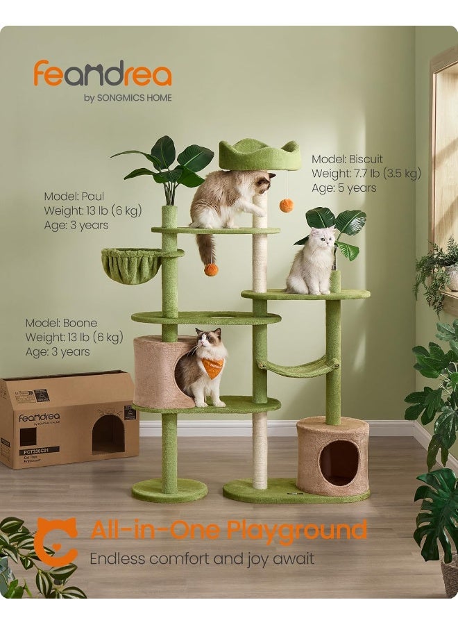 Feandrea Cat Tree, 68.1-Inch Tall Cat Tower, Multi-Level Plush Cat Condo with Artificial Leaves, 3 Scratching Posts, 2 Pompoms with Bells, for Indoor Cats Green - Image 1
