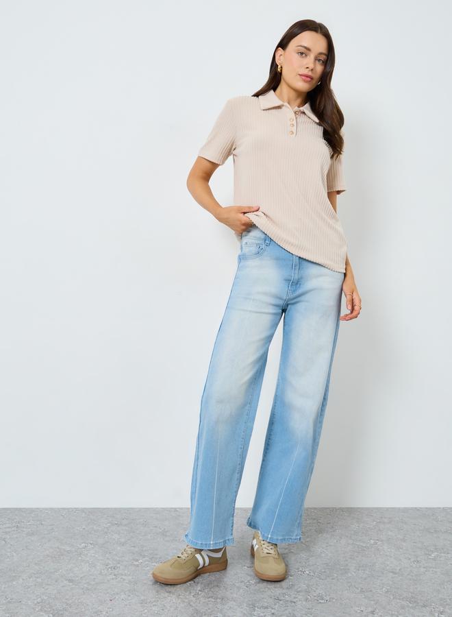 Styli Beige Ribbed Short Sleeve Polo T-Shirt - Image 2