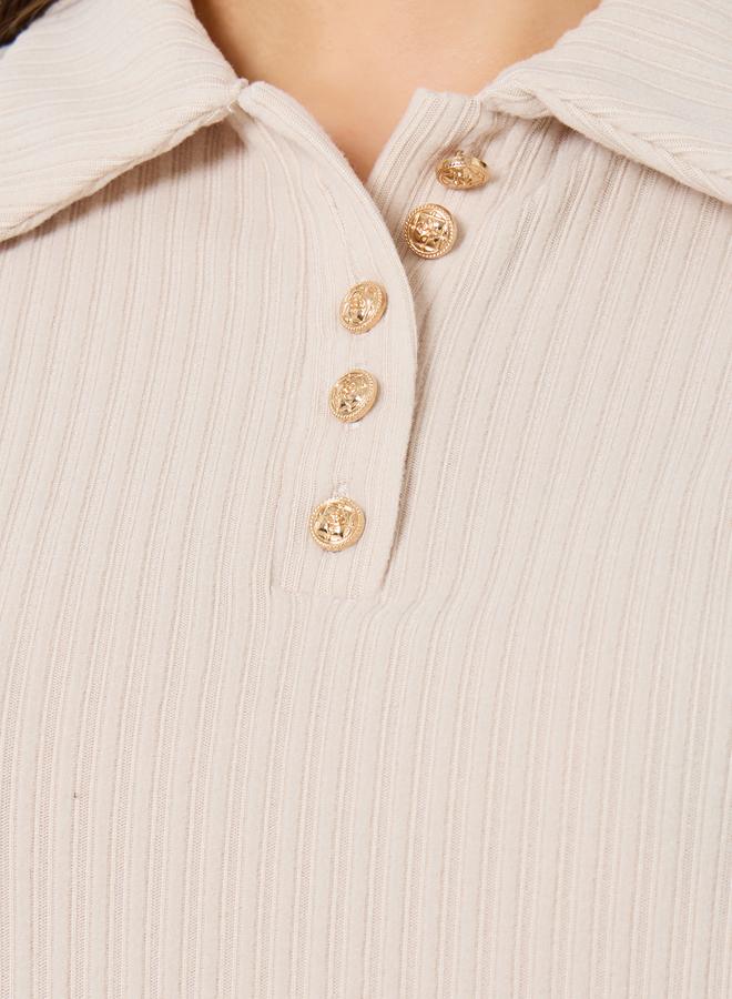 Styli Beige Ribbed Short Sleeve Polo T-Shirt - Image 4