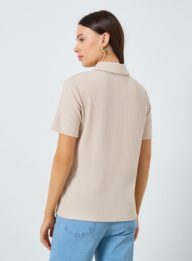 Styli Beige Ribbed Short Sleeve Polo T-Shirt - Image 5