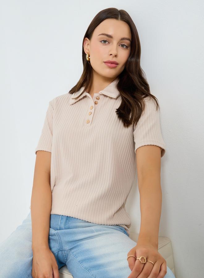 Styli Beige Ribbed Short Sleeve Polo T-Shirt - Image 3