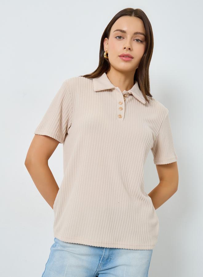 Styli Beige Ribbed Short Sleeve Polo T-Shirt - Image 1