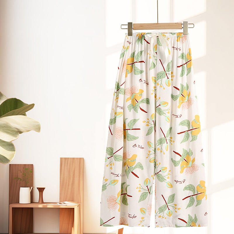 Summer Cotton Satin Lounge Pants Women Breathable Wild flowers on white background 