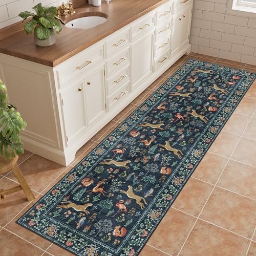 DUKINO 2x6 Rug for Hallway, Washable Kitchen Runner Rug with Non Slip Backing, Soft Low Pile Vintage Animal Runner for Bedroom, Kitchen, Hallway, Entryway, Laundry, Navy Blue - Image 2