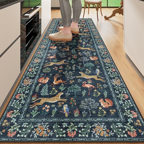 DUKINO 2x6 Rug for Hallway, Washable Kitchen Runner Rug with Non Slip Backing, Soft Low Pile Vintage Animal Runner for Bedroom, Kitchen, Hallway, Entryway, Laundry, Navy Blue - Image 1