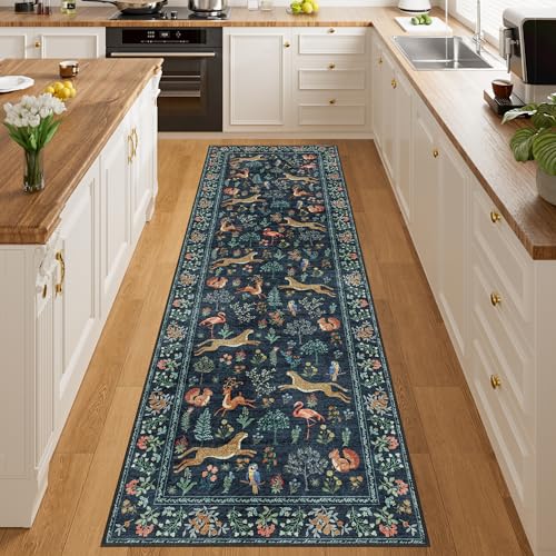 DUKINO 2x6 Rug for Hallway, Washable Kitchen Runner Rug with Non Slip Backing, Soft Low Pile Vintage Animal Runner for Bedroom, Kitchen, Hallway, Entryway, Laundry, Navy Blue - Image 3