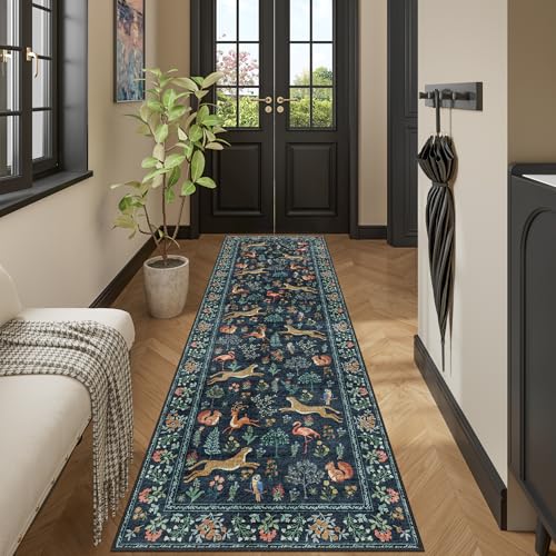 DUKINO 2x6 Rug for Hallway, Washable Kitchen Runner Rug with Non Slip Backing, Soft Low Pile Vintage Animal Runner for Bedroom, Kitchen, Hallway, Entryway, Laundry, Navy Blue - Image 5
