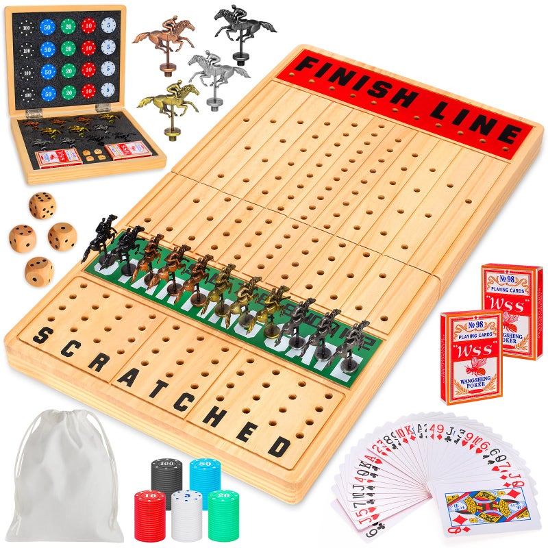 TooyBing Large 21 Inches Horse Race Board Game Horse Racing Games with Cards and Dice 11 Luxury Metal Foals Thickened Wood Chessboard Classic Wooden Table Top Board Games for Adults and Family - Image 3