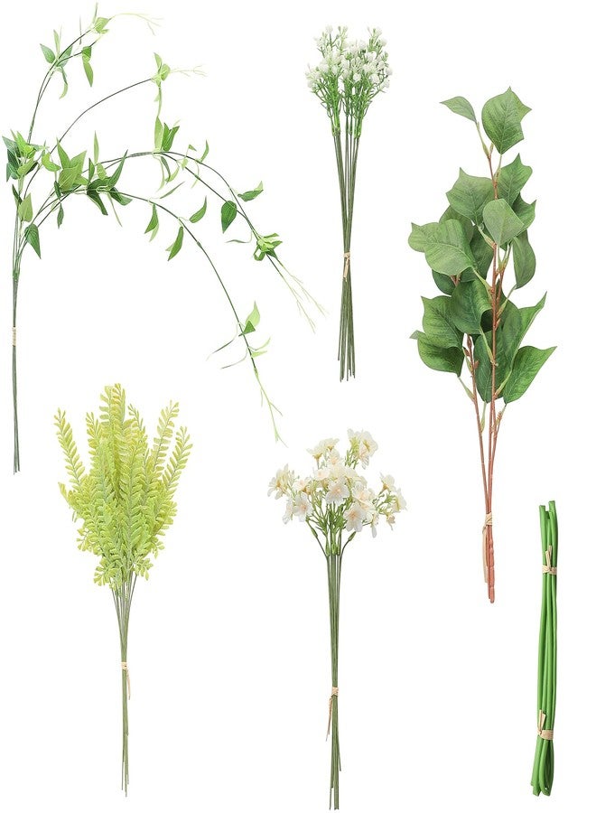 Floroom Artificial Greenery Stems Box Set, 35pcs with 5 Kinds of Faux Greenery Flowers Picks for DIY Bridal Bouquets Wedding Floral Arrangement Table Centerpieces, Light Green & White - Image 1