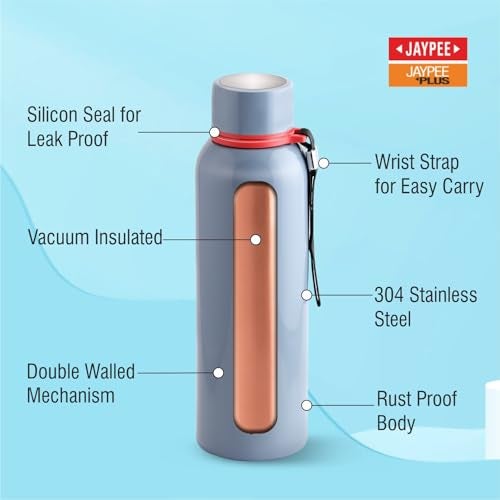 Jaypee Plus Vouge Stainless Steel Double Wall Thermosteel 700 ml Water Bottle ISI Certified Vaccum Insulated 24 hr Hot and Cold Water Bottle Anti Skid Leakproof Bottle Office, Gym,Trekking,Light Grey - Image 2