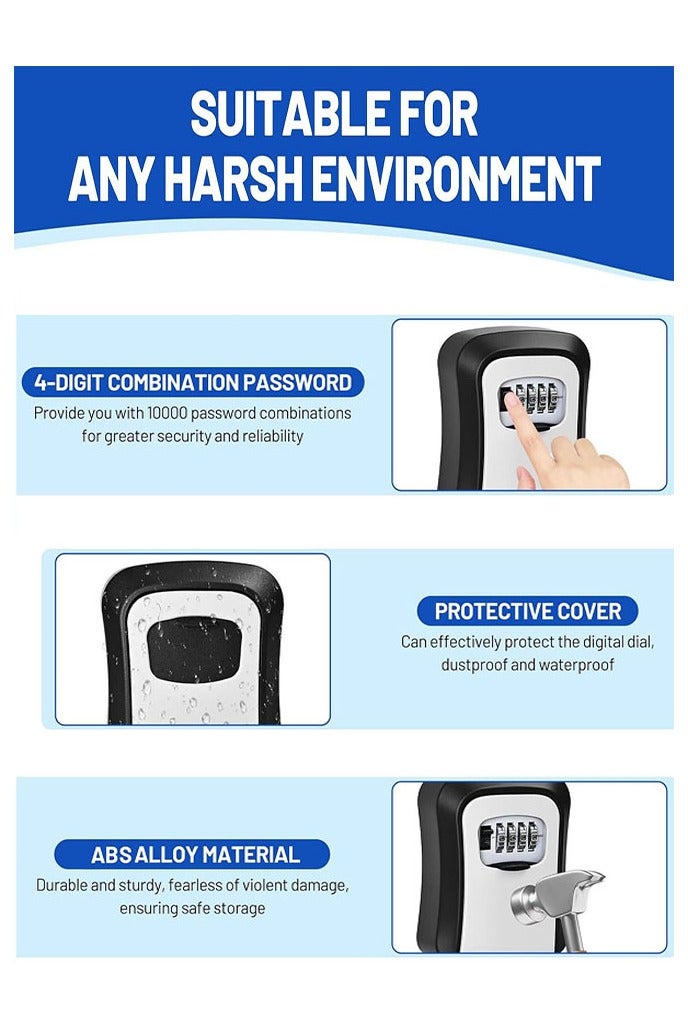 Key Lock Box, 4 Digit Combination Key Storage Safe Lockbox, Waterproof Wall Mount Key Safe Box Hide 5 Keys for Indoor, Outdoor, Home, Office, Gray and Schools - Image 3