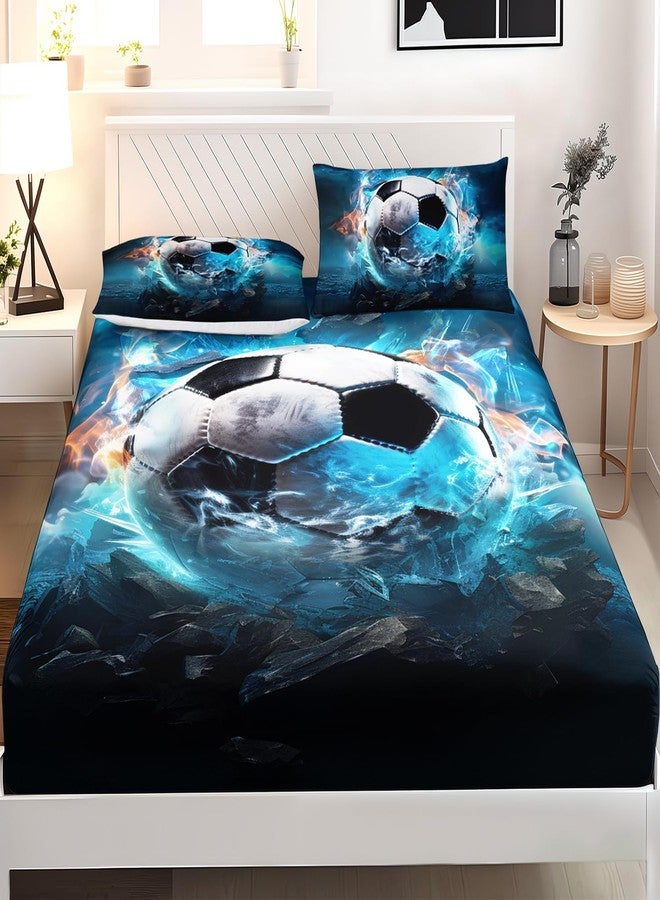 AILONEN 3D Soccer Fitted Sheet Set Full Size for Boys,Ice and Fire Soccer Print Bed Sheet Set for Kids Teen,Sports Football Fitted Sheet with 2 Pillowcases,3 Pieces - Image 2
