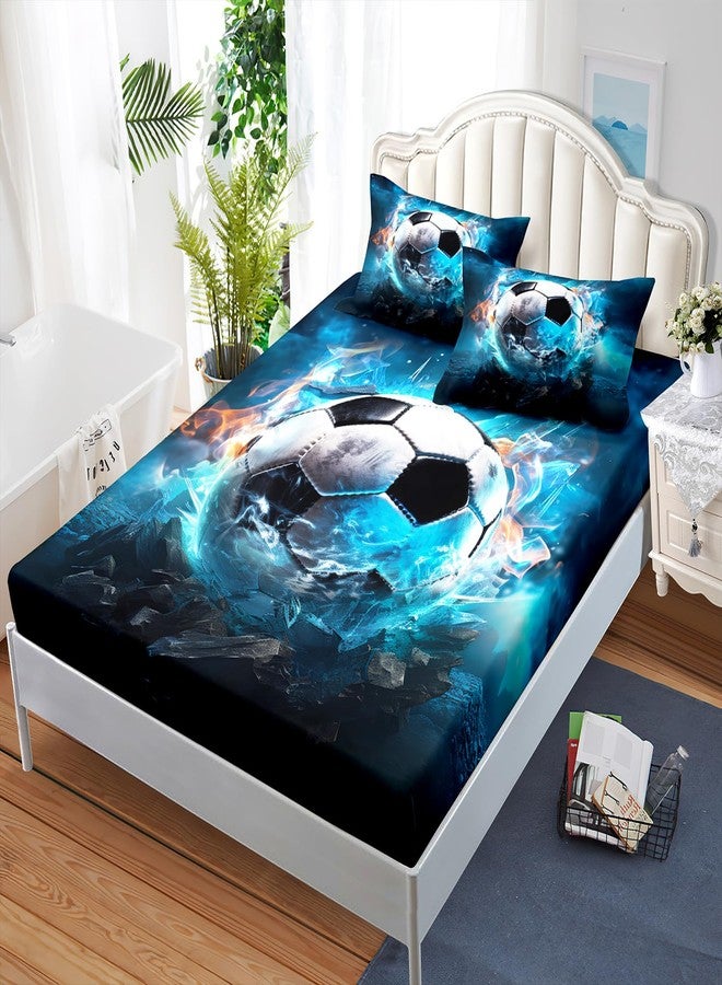 AILONEN 3D Soccer Fitted Sheet Set Full Size for Boys,Ice and Fire Soccer Print Bed Sheet Set for Kids Teen,Sports Football Fitted Sheet with 2 Pillowcases,3 Pieces - Image 3