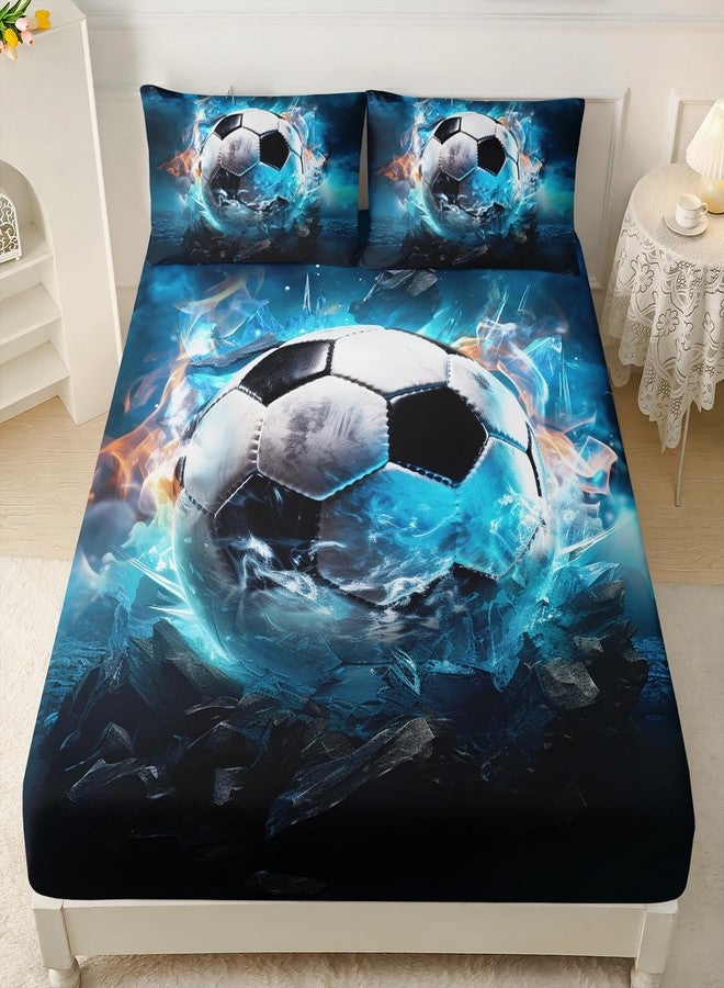 AILONEN 3D Soccer Fitted Sheet Set Full Size for Boys,Ice and Fire Soccer Print Bed Sheet Set for Kids Teen,Sports Football Fitted Sheet with 2 Pillowcases,3 Pieces - Image 1