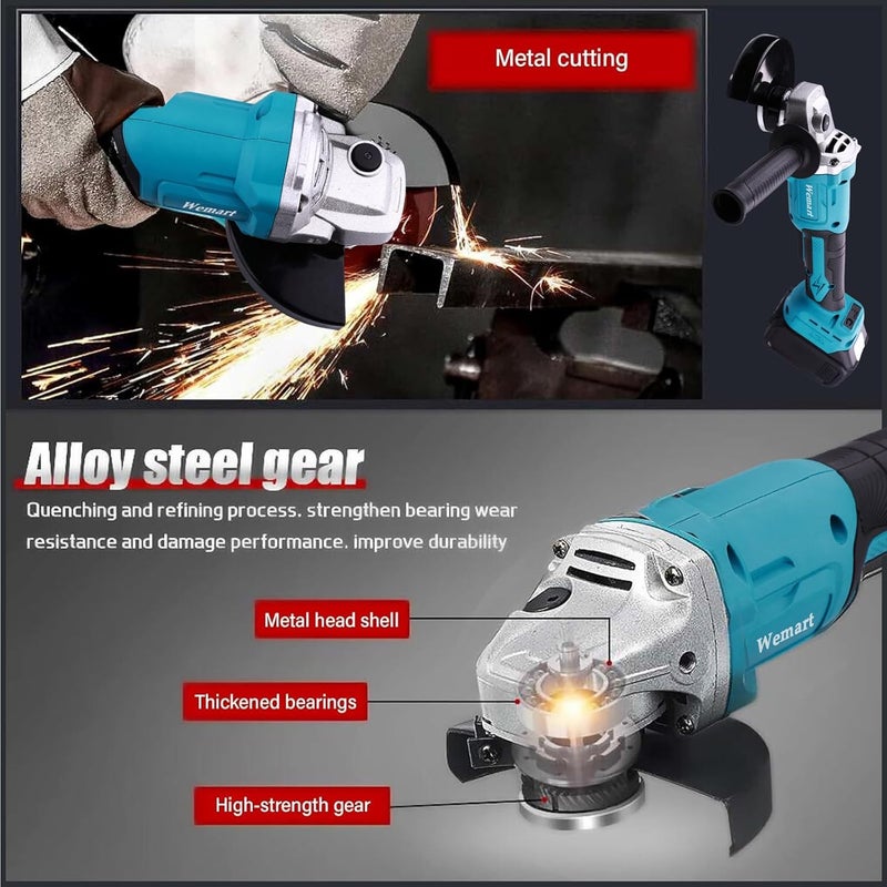 WEMART Cordless Angle Grinder, 20V Brushless Angle Grinder Kit, Dual Battery And 3 Speed Adjustment, 125Mm 8500Rpm Professional Electric Angle Grinders For Cutting Grinding (Blue) - Image 4