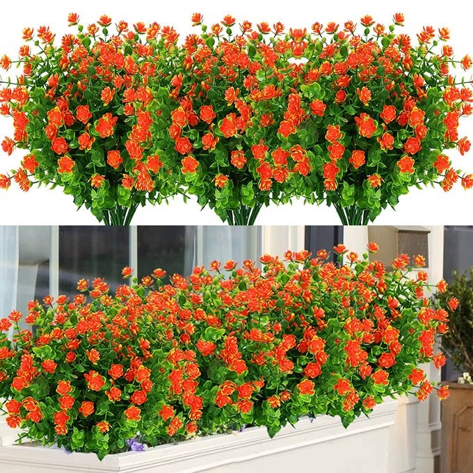6 Bundles Outdoor Artificial Flowers UV Resistant Fake Boxwood Plants Faux Greenery for Indoor Outside Hanging Plants Garden Porch Window Box Home Wedding Farmhouse Decor Orange Red