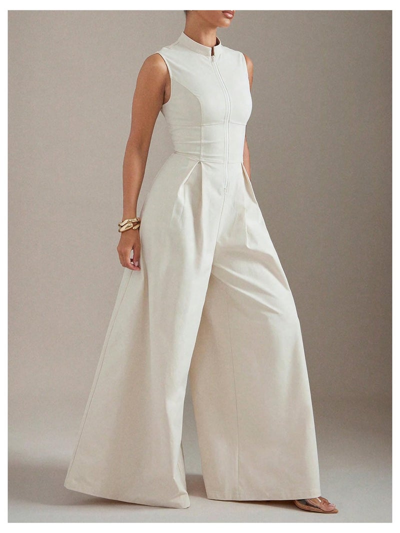 Verdusa Women's Zip Up Wide Leg Jumpsuits Sleeveless One Piece Jumpsuit Formal Dressy Casual Spring Outfits Apricot Large - Image 3