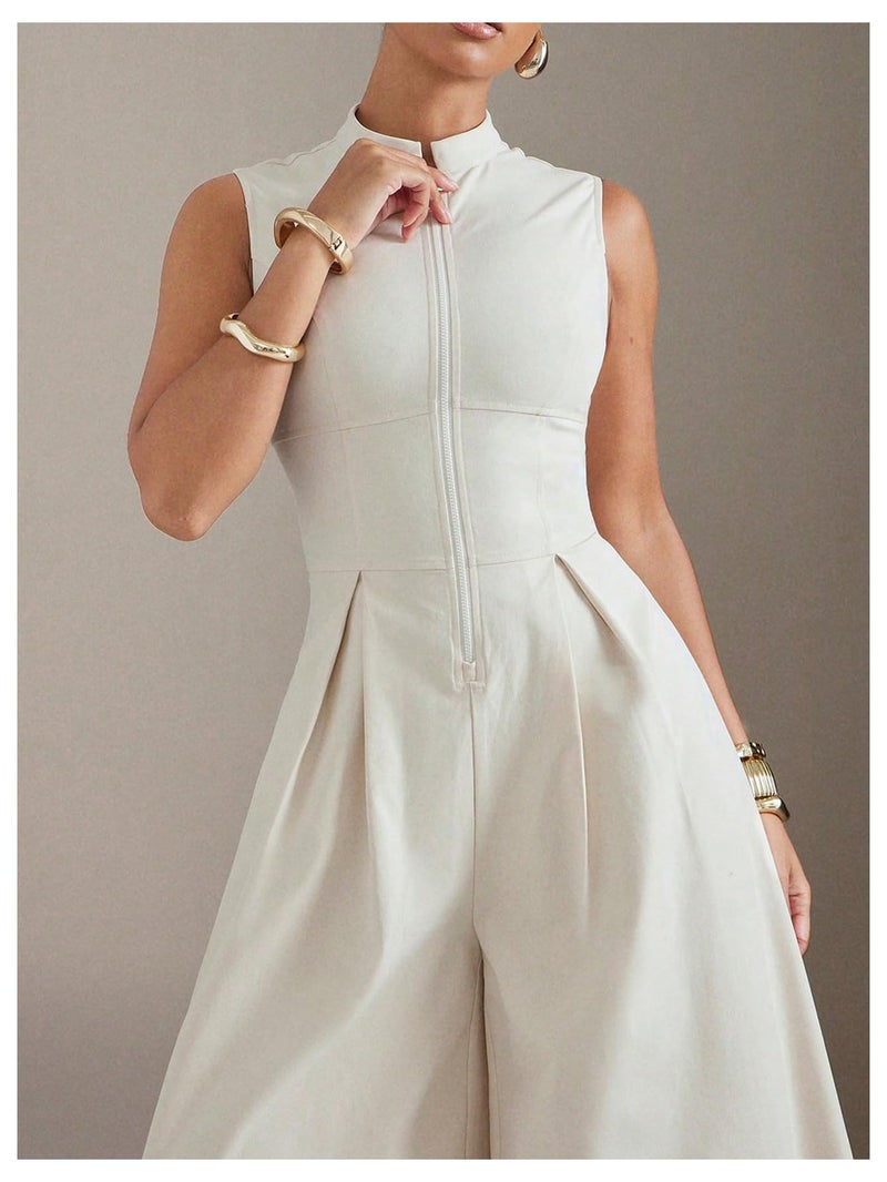 Verdusa Women's Zip Up Wide Leg Jumpsuits Sleeveless One Piece Jumpsuit Formal Dressy Casual Spring Outfits Apricot Large - Image 4