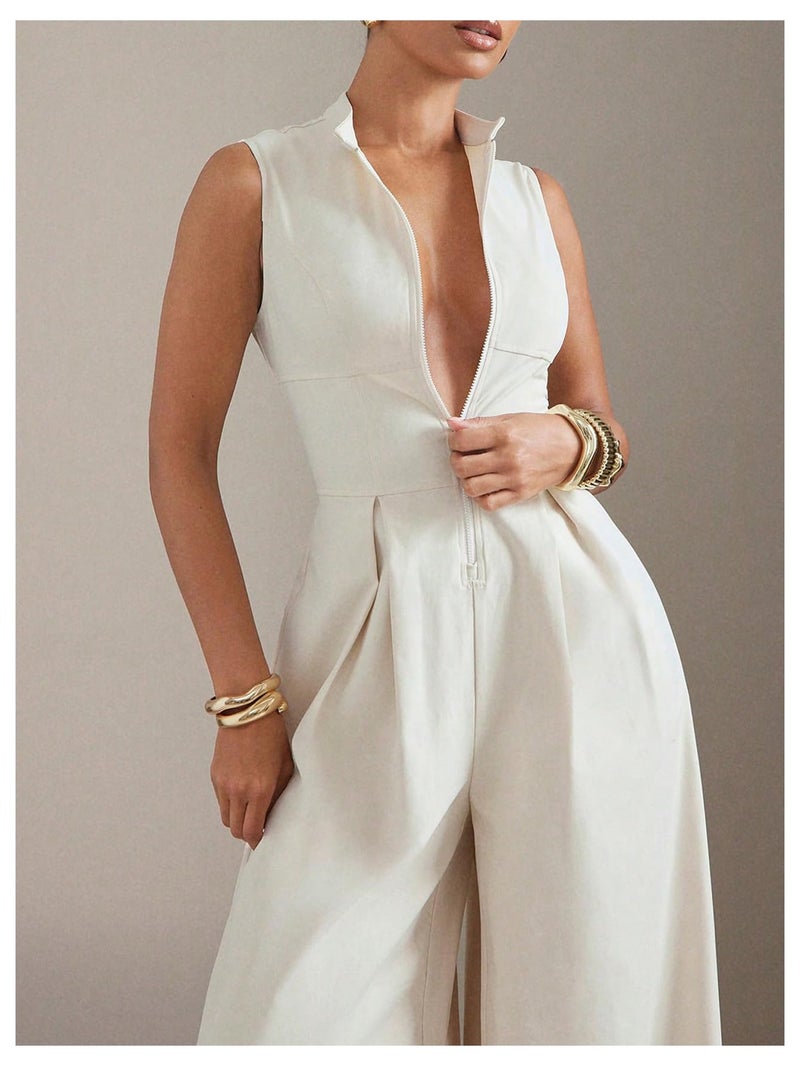 Verdusa Women's Zip Up Wide Leg Jumpsuits Sleeveless One Piece Jumpsuit Formal Dressy Casual Spring Outfits Apricot Large - Image 5