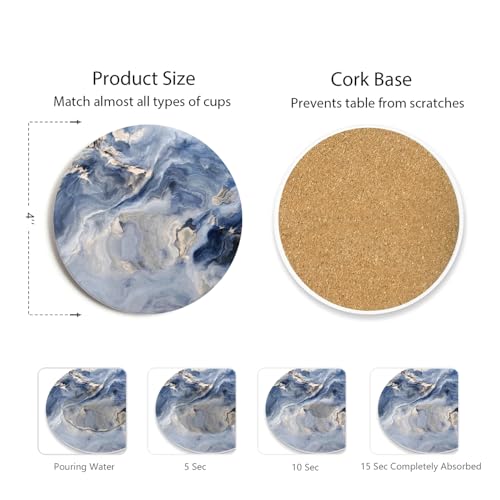 Hoomey Set of 6 Navy Blue Marble Coasters with Holder,Absorbent Ceramic Coasters for Drinks, Coasters with Cork Backing for Table Protection, Housewarming Gifts for New Home - Image 2