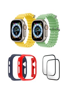 Silicone Ocean Band Strap for Apple Watch Ultra 8 49mm Yellow/Mint Green , Case Compatible with Apple Watch Ultra 49mm Blue/Red , 2* pcs Watch glass Set of 6