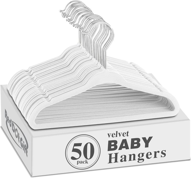 Red Dot Gift 50 Pack Baby Velvet Hangers - Non Slip Toddler Hangers with 360 Chrome Swivel Hook (White) - Image 1